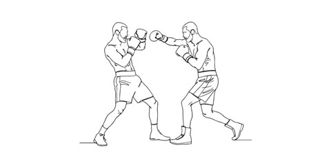 Minimalist line art illustration of two boxers sparring in the ring. Simple black and white continuous line drawing representing boxing, combat sports, martial arts, strength, and competitive spirit.