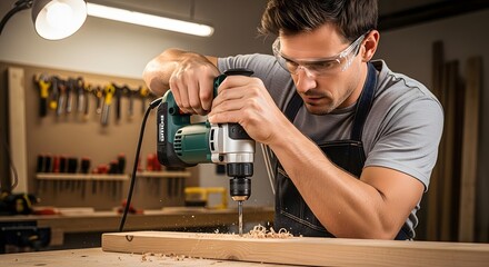 Focused craftsman drilling wood with precision and safety Wood shavings scattered around the drilling spot garage in the background