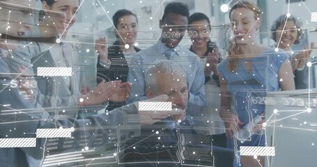 Colleagues stepping into view around senior leader and exploring tech network overlay for insights - Powered by Adobe