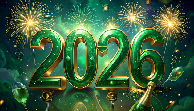 Happy New Year 2026 Green Fireworks Celebration.