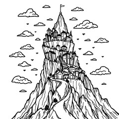 Minimilist illustration of a mountain topped with a town with a winding road and flag on the peak drawn in black vector