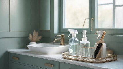 Fototapeta premium Sparkling clean bathroom essentials arranged attractively on a marble countertop, ready for a refreshing spa experience.