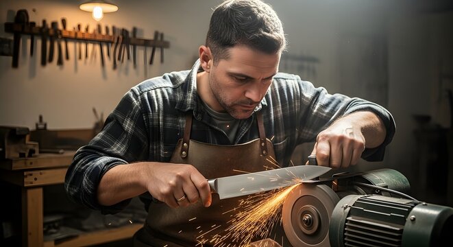 A focused craftsman carefully sharpens a knife using a grinding wheel sparks flying in his workshop highlighting the artistry and skill