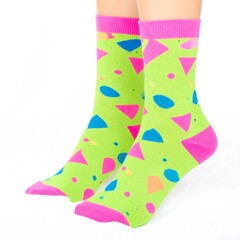 Bright green socks with colorful geometric shapes