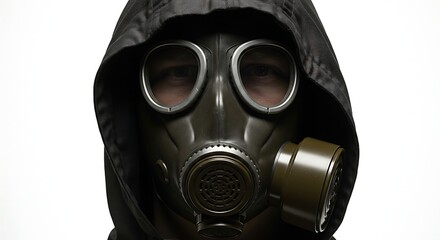 Person in gas mask and hood against white background for protection concept