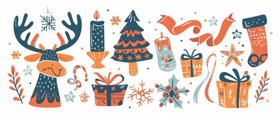 festive holiday banner: whimsical christmas deer, gifts, tree, candle, stocking on white background.