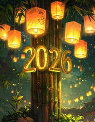 Happy New Year 2026 Celebration with Lanterns and Bamboo.