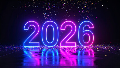 Neon 2026 text with confetti and reflections.