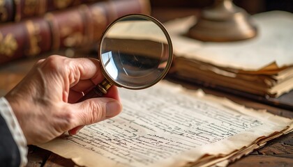 Hand holding magnifying glass over antique book with old documents with research concept.