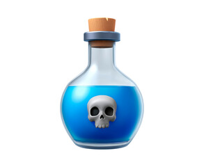Potion bottle with skull icon and blue liquid on transparent background