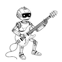 Minimilist a robot playing an electric guitar in a black and white sketch style with detailed line work and shading effects vector