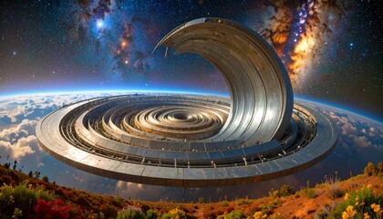 Futuristic space station over a planet