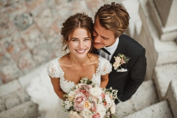 happy bride and groom on stone steps: elegant wedding portrait with floral bouquet and black suit