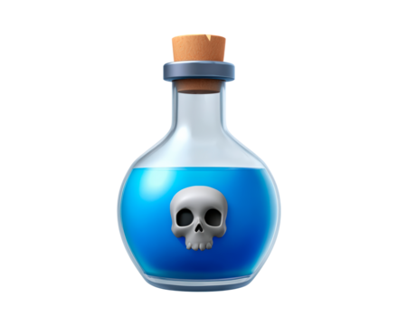Potion bottle with skull icon and blue liquid on transparent background - Powered by Adobe