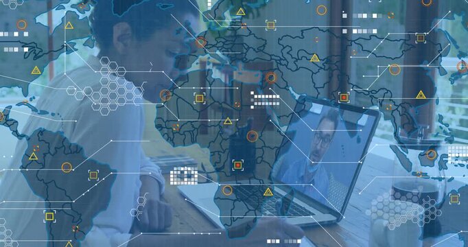 Woman opening laptop and writing notes on business call with animated world map linking data points