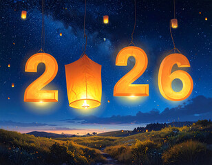 Floating Lanterns Form the Year 2026 Against a Starry Night Sky.