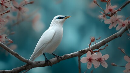 A serene, artistic composition features a pristine white bird perched gracefully on a delicate branch adorned with soft pink cherry blossoms against a blurred, teal background, exuding a sense of...