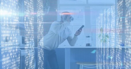 Tech professional activating VR headset and exploring data columns in kitchen while sipping coffee - Powered by Adobe