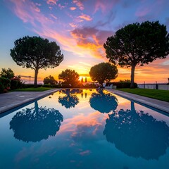 Stunning sunset reflected in a pool