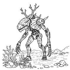 Minimilist illustration of a mechanical creature with antlers standing in shallow water near rocks and vegetation vector