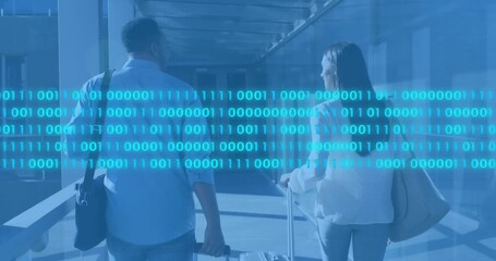 Man and woman pulling suitcases on glass airport skybridge toward gate while binary code fading in