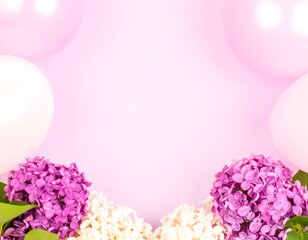 Pastel flowers and balloons on a soft pink background