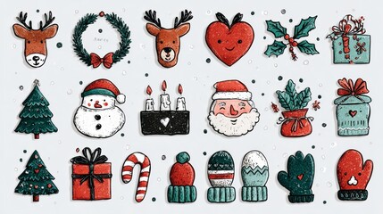 festive hand-drawn christmas icons: santa, reindeer, tree, gifts, & winter holiday elements on grey background.