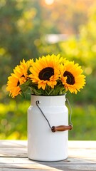 Sunflowers in a white milk can