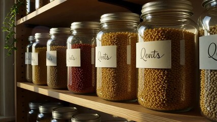 Pantry organization video showcasing labeled lentil jars on wooden shelves beside a bright window, promoting healthy eating and sustainable living