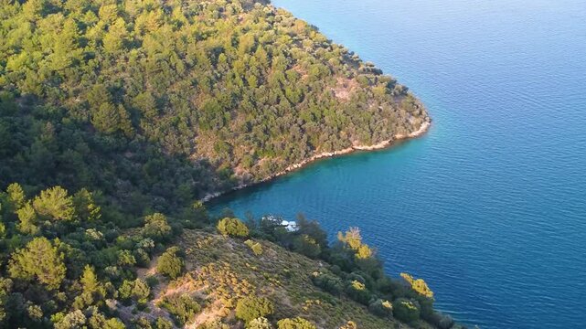 aerial drone shot showcasing the tranquil beauty of Sarsala Koyu in Turkey. The footage captures the vibrant turquoise waters of the secluded bay, contrasting with the rich green pine forests that lin
