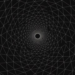 Abstract geometric design featuring a vortex of interconnected white triangles against a dark background, leading to a central black circle.
