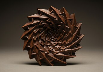 A complex, spiraling geometric sculpture made of brown triangular shapes, creating a visually intriguing and abstract design.