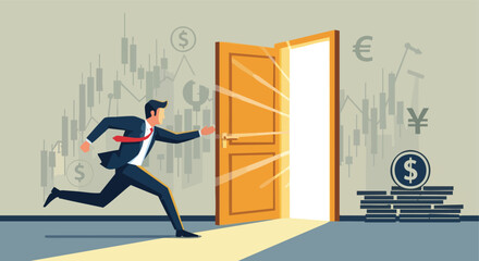 Ambitious Businessman Running Towards a Bright Door of Financial Opportunity