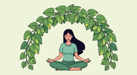 Peaceful Woman Meditating Under a Natural Green Leaf Arch