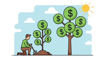 Man Planting a Small Money Tree Next to a Large Growing Investment Tree