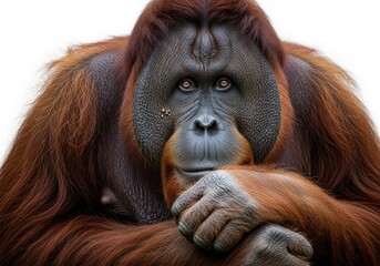 Close up portrait of a thoughtful orangutan with long reddish brown fur isolated on white background