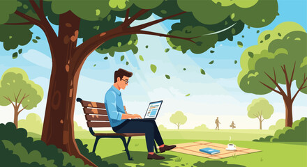 Focused Man Working on a Laptop Under a Large Tree in a Sunny Park