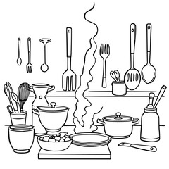 Minimilist line drawing of kitchen utensils and cooking equipment arranged on a table and hanging on a shelf vector