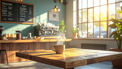 Enjoy a relaxing coffee break in a sun-drenched cafe with a warm, inviting atmosphere for your next creative project, perfect for cafe and lifestyle themes