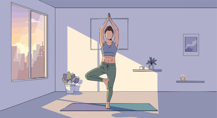 Woman Practicing Tree Pose Yoga in a Sunny Room at Sunrise
