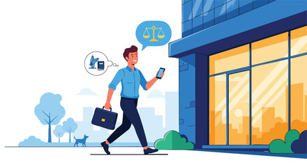 Smiling Businessman Walking to Work While Considering Legal Advice on his Phone