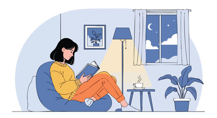 Cozy Evening Reading on a Bean Bag Chair by Lamplight
