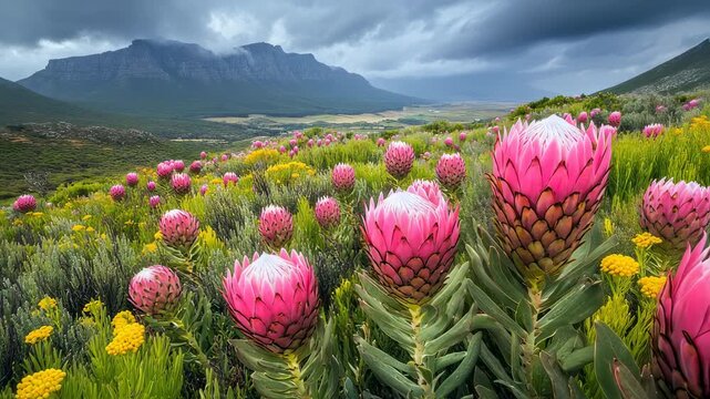 Enchanting Protea Meadow: A Vibrant South African Landscape with Majestic Mountain Backdrop