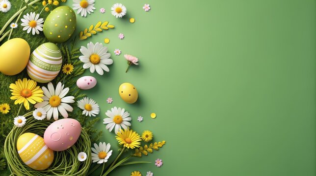 Festive easter eggs and daisy flowers on green background with copy space