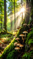Sunlight filtering through forest floor with mushrooms
