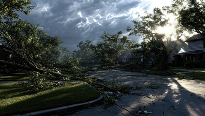Storm-ravaged residential street. Fallen trees block a street