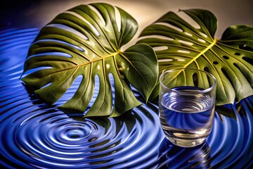 Monstera Leaves With Glass Ripple and Water Reflections in Tranquil Setting
