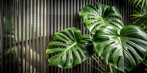 Green palm with reeded glass. Ribbed Background. White Reeded Glass. Minimal magazine concept on wood banner. Abstract background with refreshing gradient for spa style design. Plant leaves.