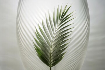 Green palm with reeded glass. Ribbed Background. Stylish blank canvas with realistic texture for premium illustration. Blurred luxury banner for summer presentation. Plant leaves. White Reeded Glass.