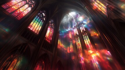 Cathedral interior, stained glass, light, fantasy, religious, artwork, concept art